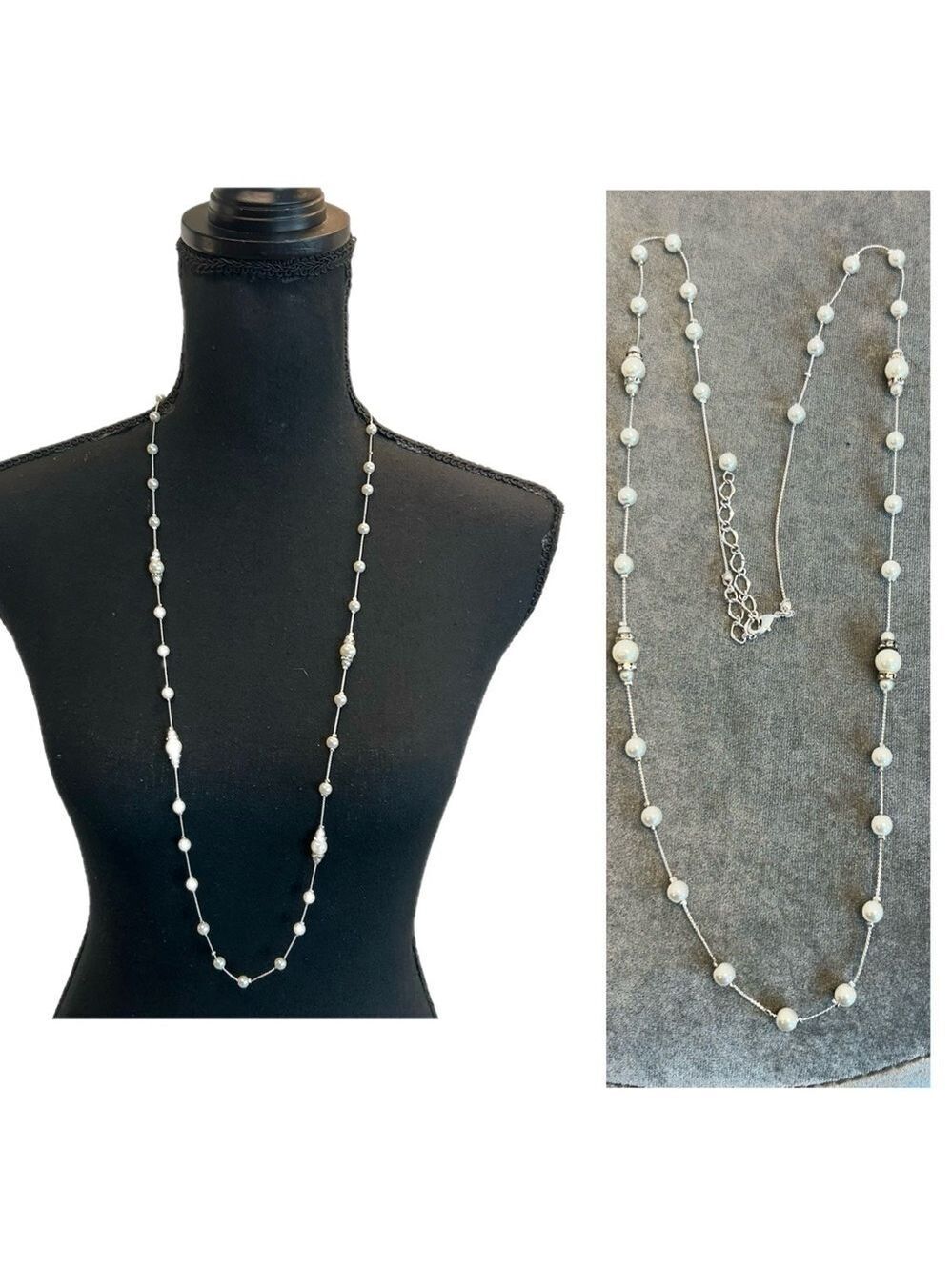 Faux pearl crystal rhinestone silver tone long necklace wedding bridal